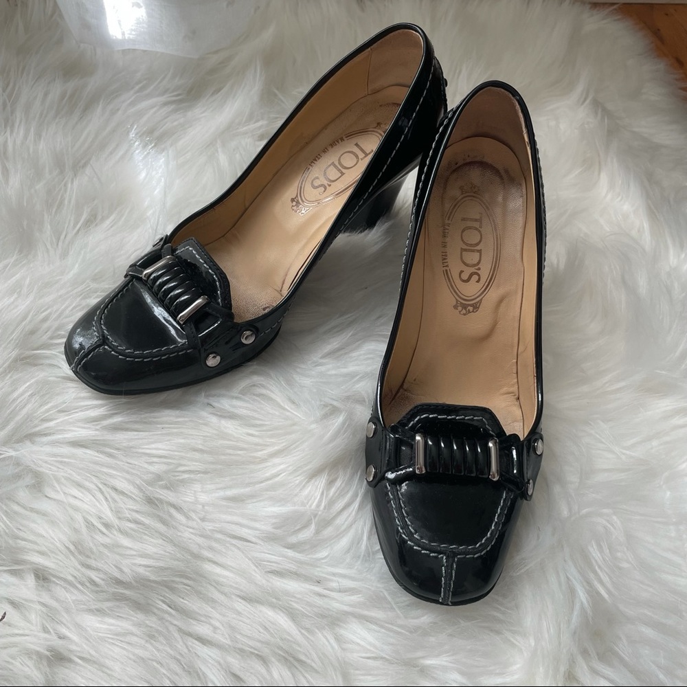 Tod's Black Leather Chunky Heel Loafer Pumps Gem